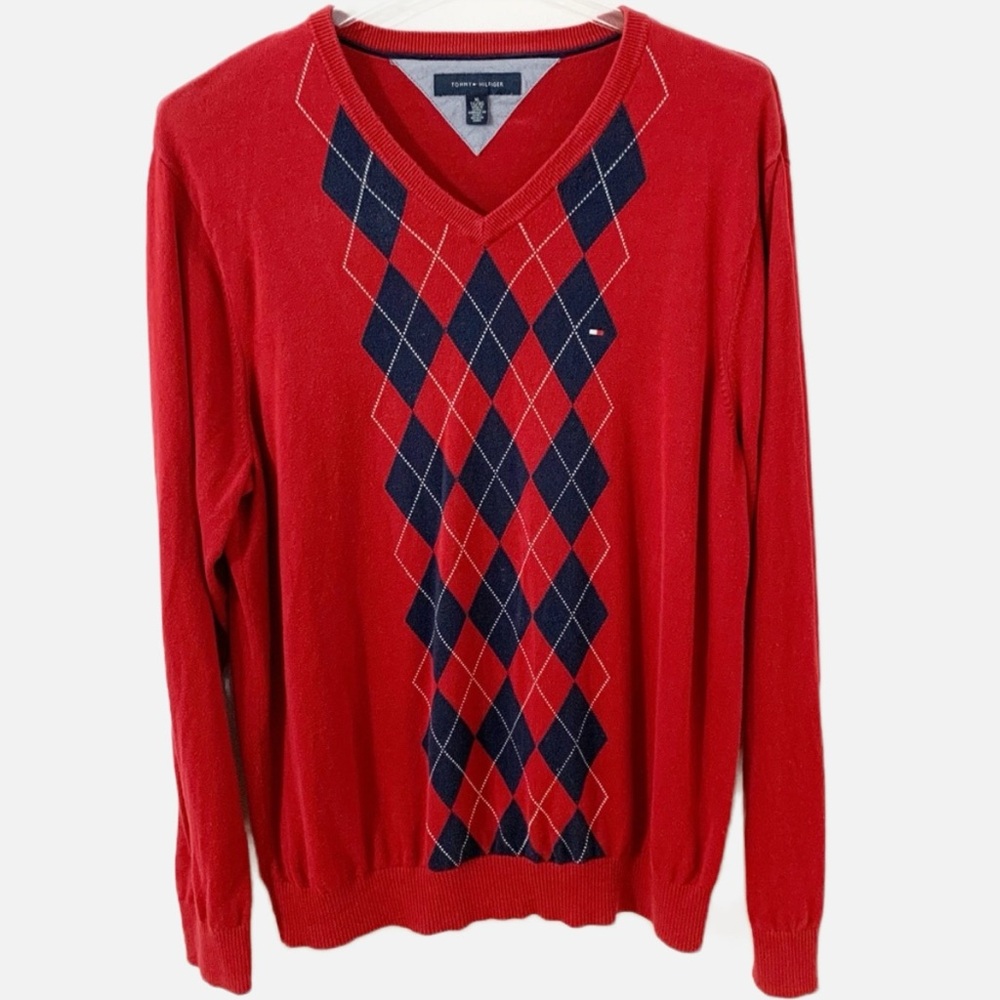 Tommy Hilfiger Long Sleeve Red Argyle V-neck Pullover Preppy Cotton Sweater 🟥🟦